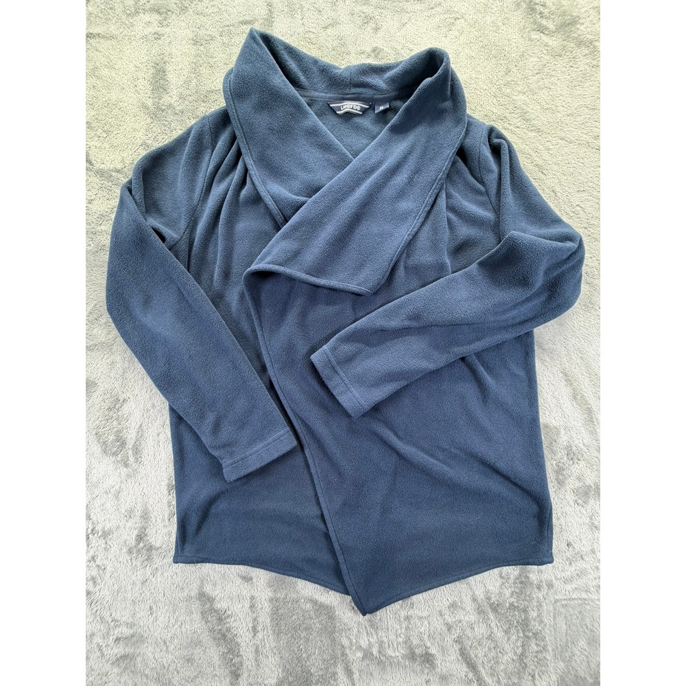 Lands End Womens Navy Blue Fleece Shawl Collar Open Front Cardigan Wrap M 10-12